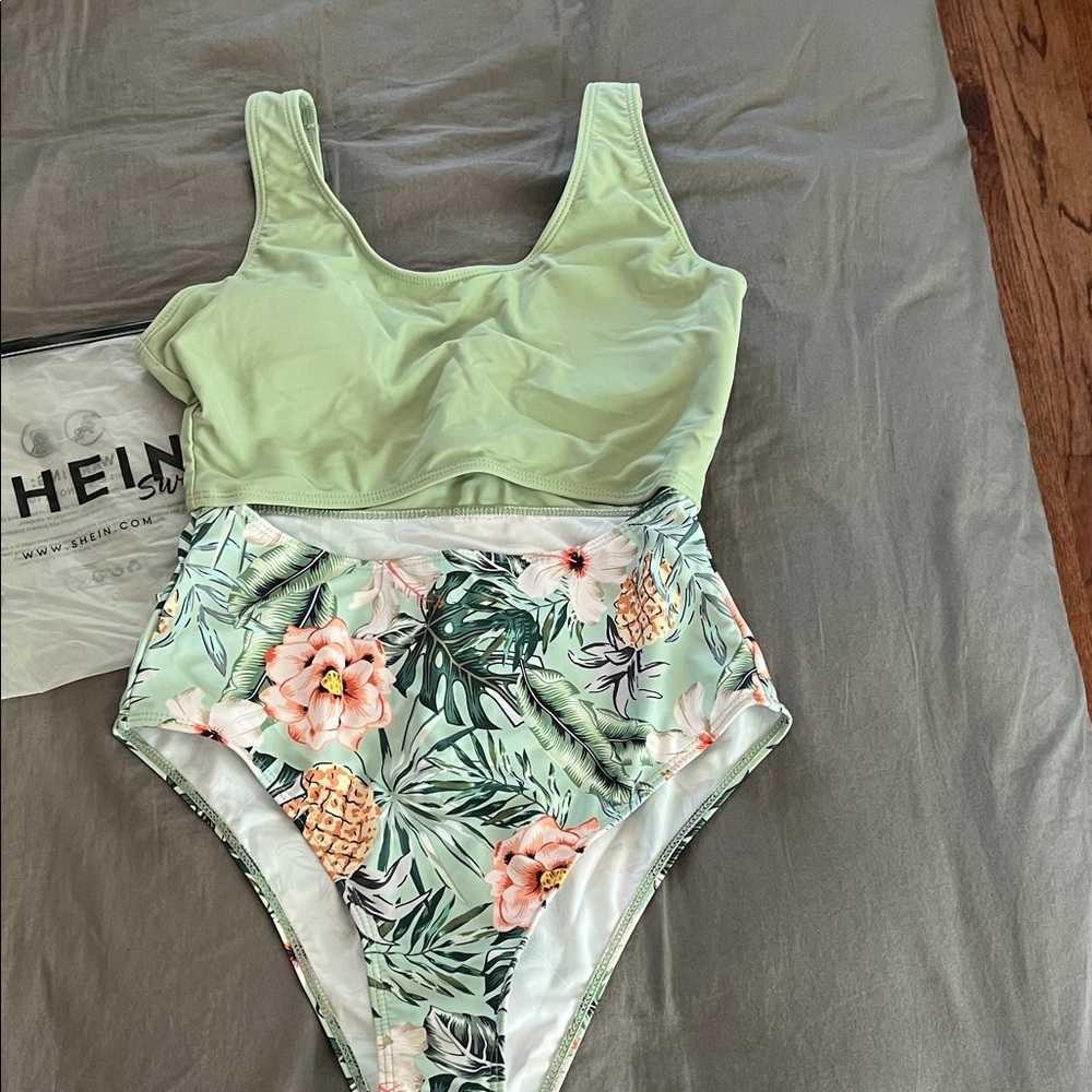 Shein Cut Out One Piece - Green and Floral